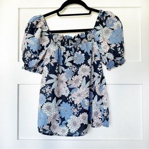 J. Crew Squareneck Puff-sleeve Top Navy Zinnia Foral